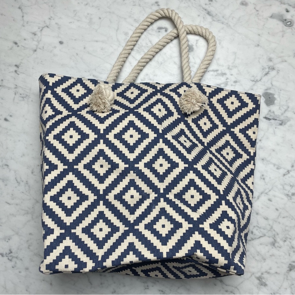 summer & rose Navy Blue Printed Nautical Rope Tote Bag